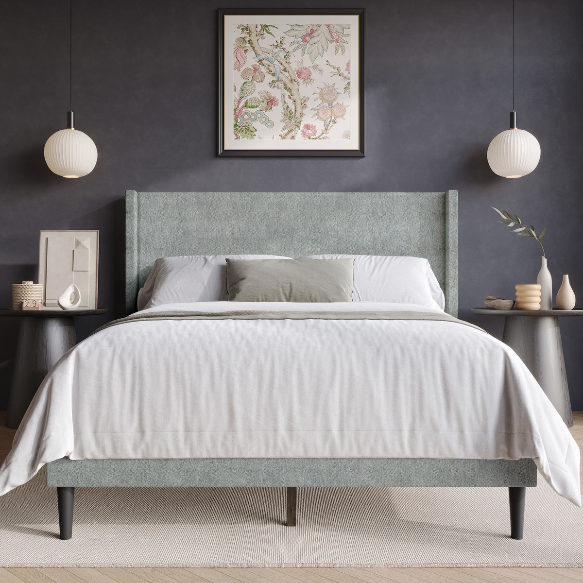 Home Design Bangor Upholstered Wingback Platform Bed, Linen, Sturdy Wood Frame, No Box Spring Required