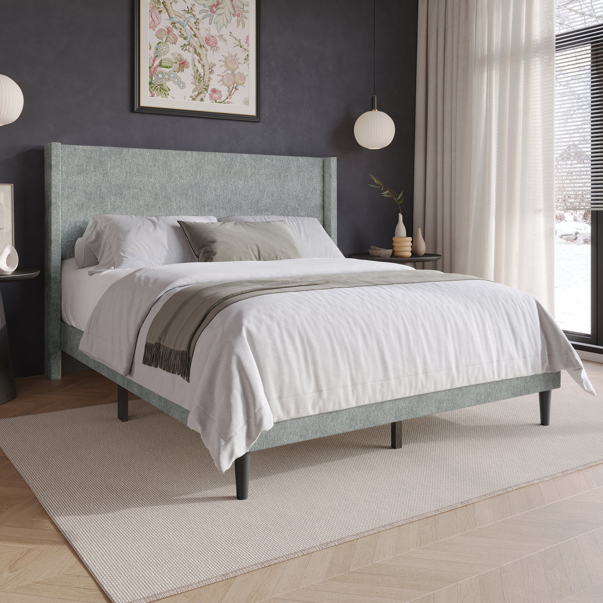 Home Design Bangor Upholstered Wingback Platform Bed, Linen, Sturdy Wood Frame, No Box Spring Required