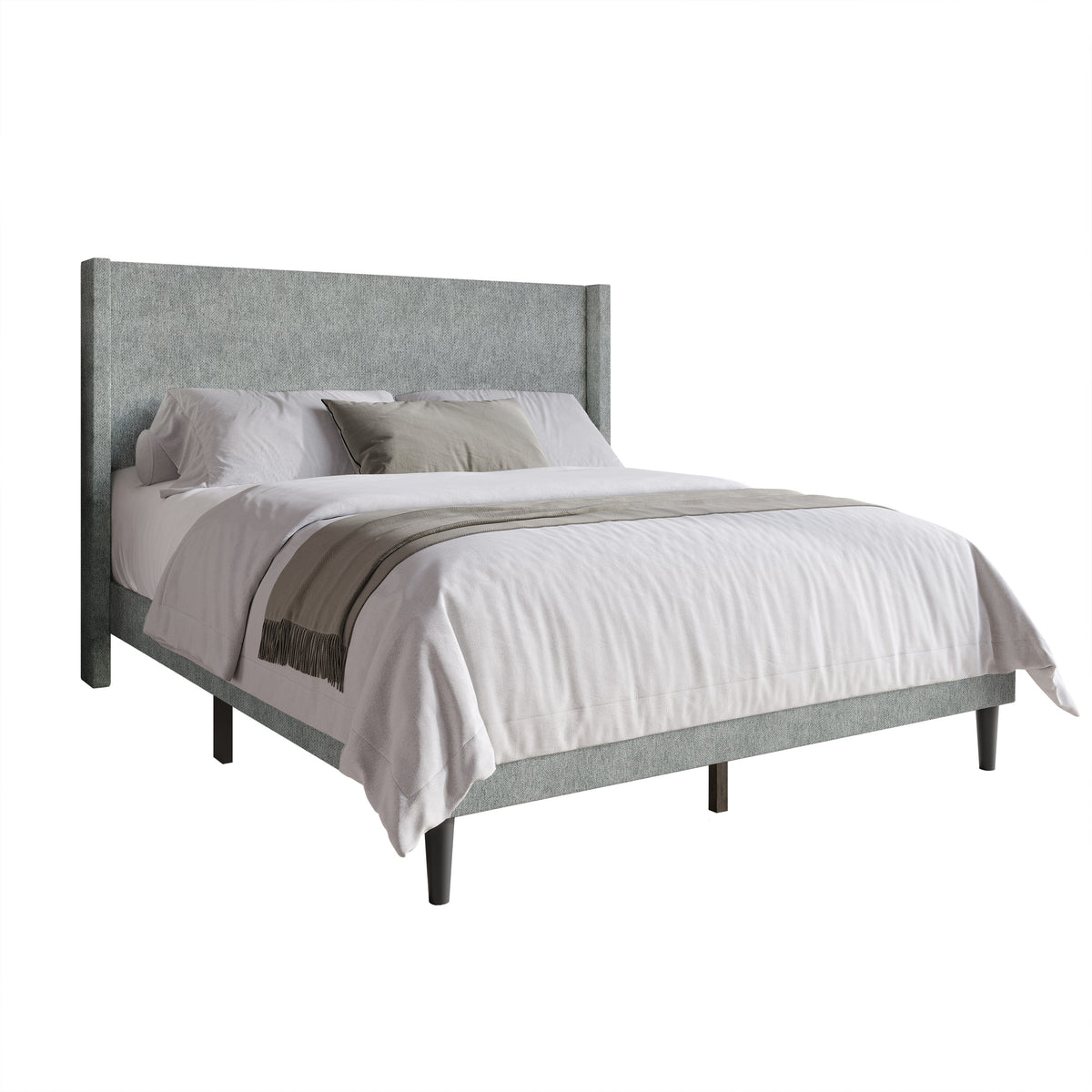 Home Design Bangor Upholstered Wingback Platform Bed, Linen, Sturdy Wood Frame, No Box Spring Required