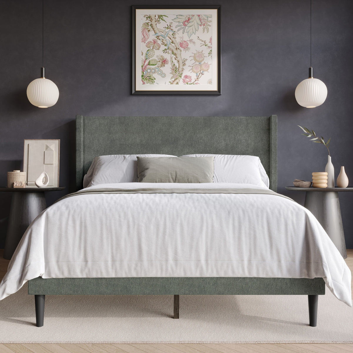 Home Design Bangor Upholstered Wingback Platform Bed, Linen, Sturdy Wood Frame, No Box Spring Required