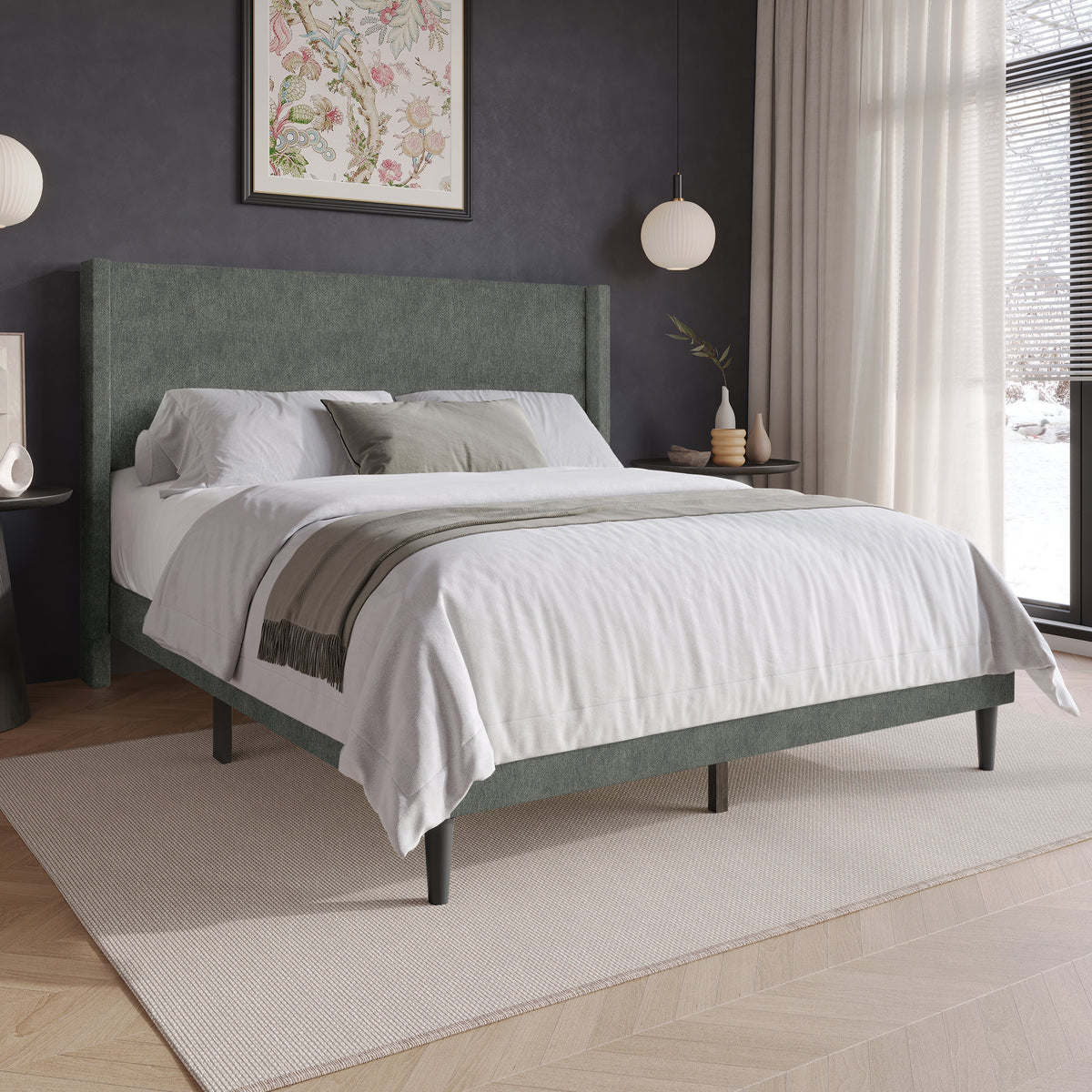 Home Design Bangor Upholstered Wingback Platform Bed, Linen, Sturdy Wood Frame, No Box Spring Required