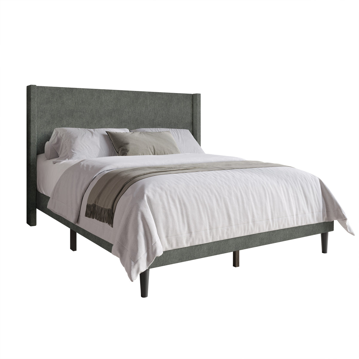 Home Design Bangor Upholstered Wingback Platform Bed, Linen, Sturdy Wood Frame, No Box Spring Required