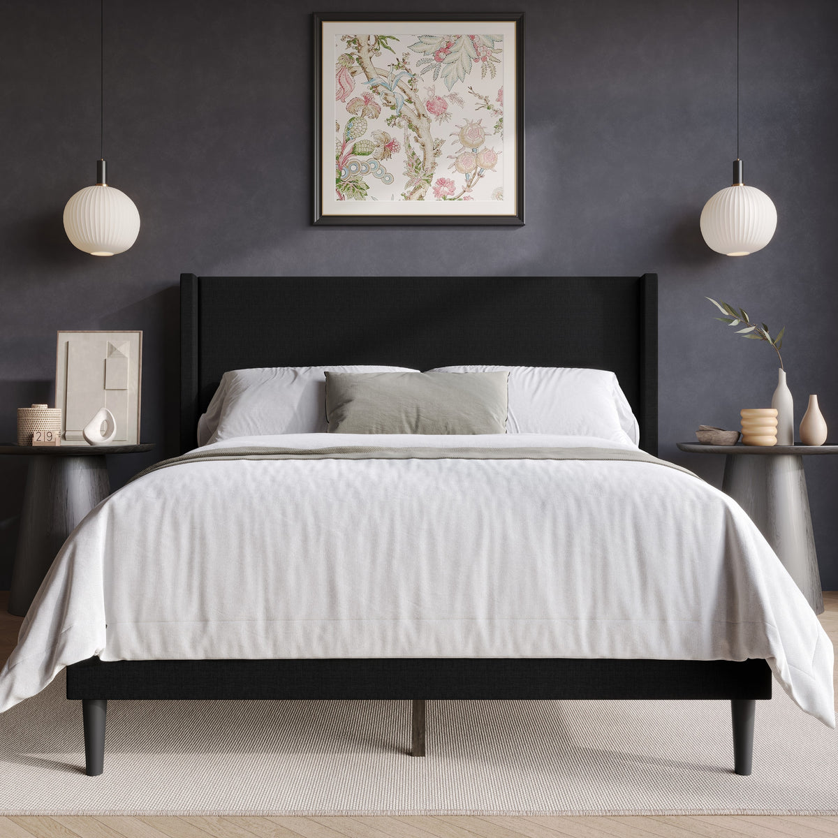 Home Design Bangor Upholstered Wingback Platform Bed, Linen, Sturdy Wood Frame, No Box Spring Required