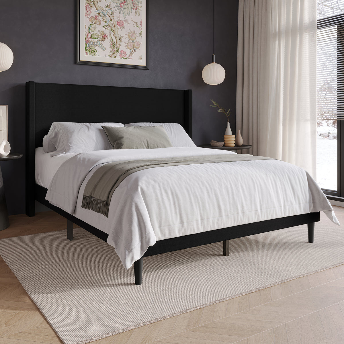 Home Design Bangor Upholstered Wingback Platform Bed, Linen, Sturdy Wood Frame, No Box Spring Required