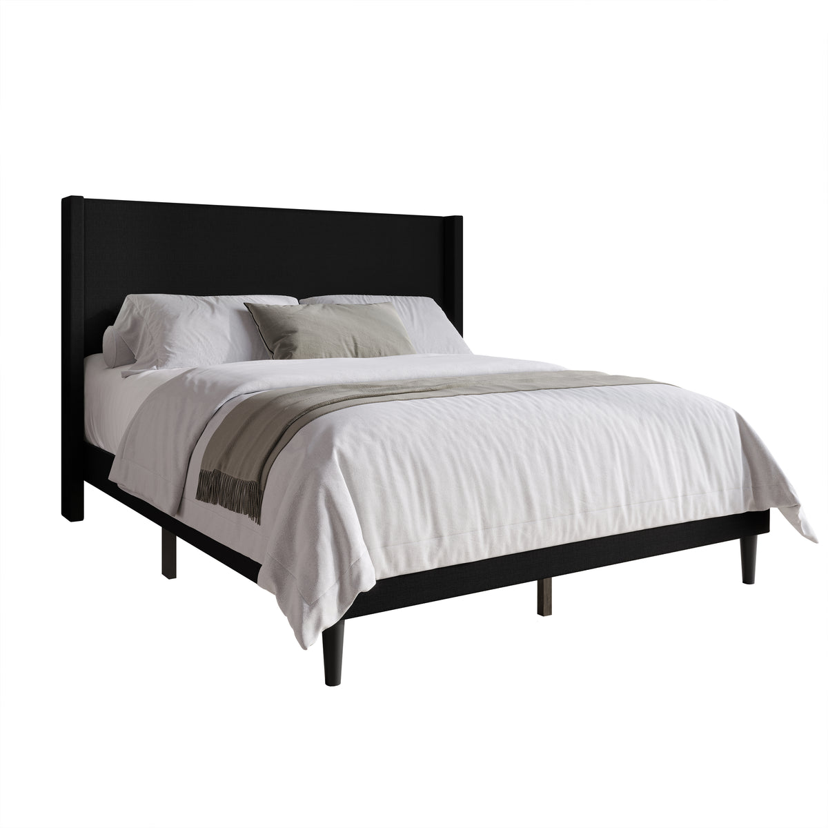 Home Design Bangor Upholstered Wingback Platform Bed, Linen, Sturdy Wood Frame, No Box Spring Required