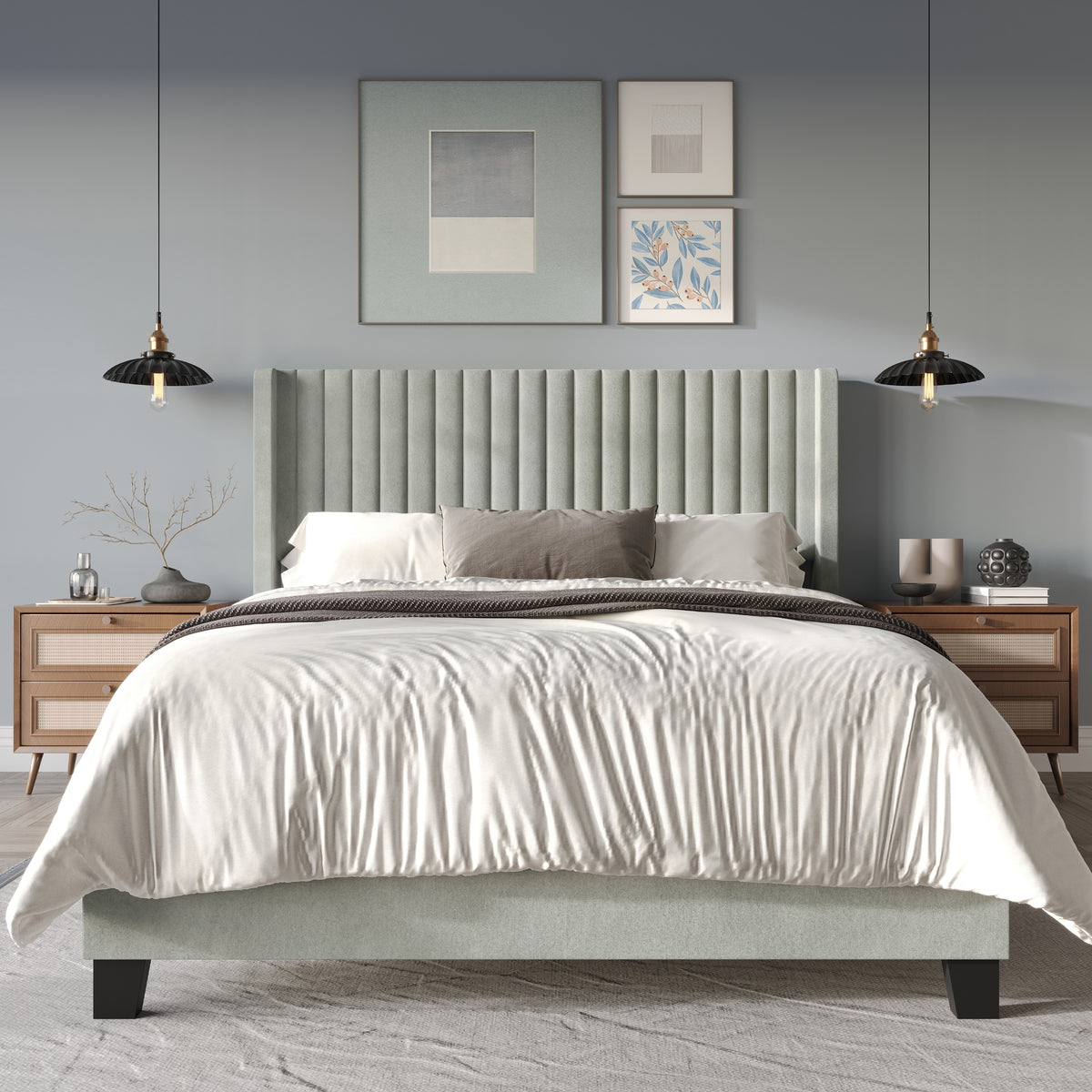 Home Design Ashland Velvet Upholstered Panel Bed Frame with Wingback Headboard for Adult, Easy Assembly