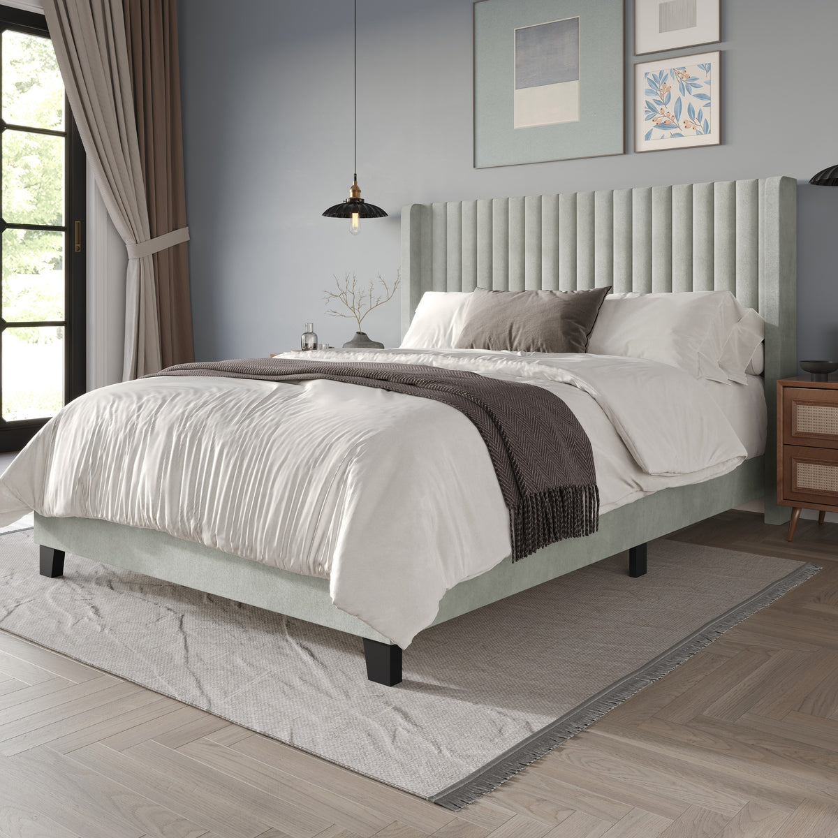 Home Design Ashland Velvet Upholstered Panel Bed Frame with Wingback Headboard for Adult, Easy Assembly