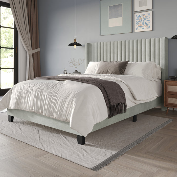 Home Design Ashland Velvet Upholstered Panel Bed Frame with Wingback Headboard for Adult, Easy Assembly