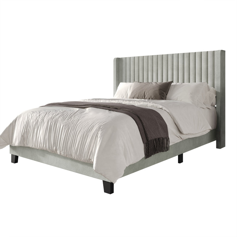 Home Design Ashland Velvet Upholstered Panel Bed Frame with Wingback Headboard for Adult, Easy Assembly