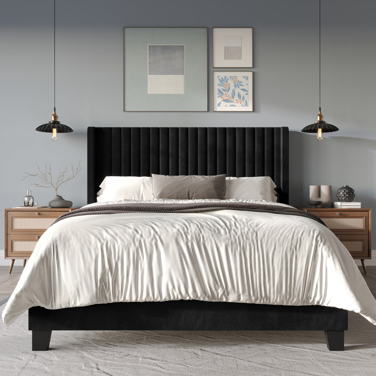 Home Design Ashland Velvet Upholstered Panel Bed Frame with Wingback Headboard for Adult, Easy Assembly