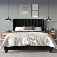 Home Design Ashland Velvet Upholstered Panel Bed Frame with Wingback Headboard for Adult, Easy Assembly