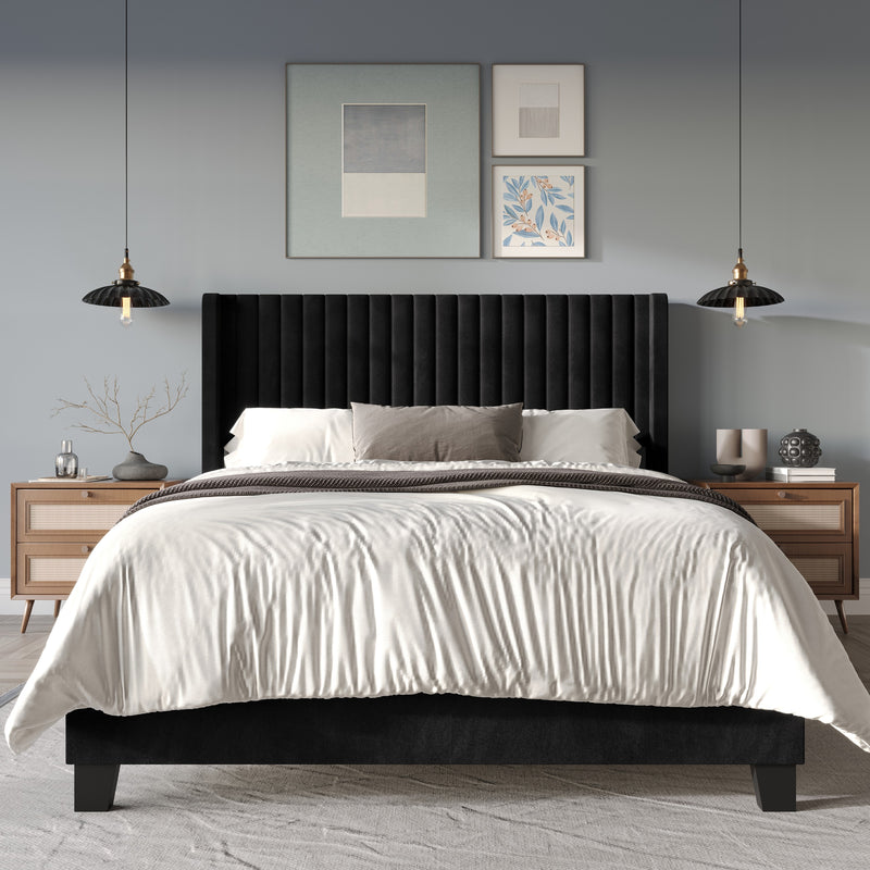 Home Design Ashland Velvet Upholstered Panel Bed Frame with Wingback Headboard for Adult, Easy Assembly