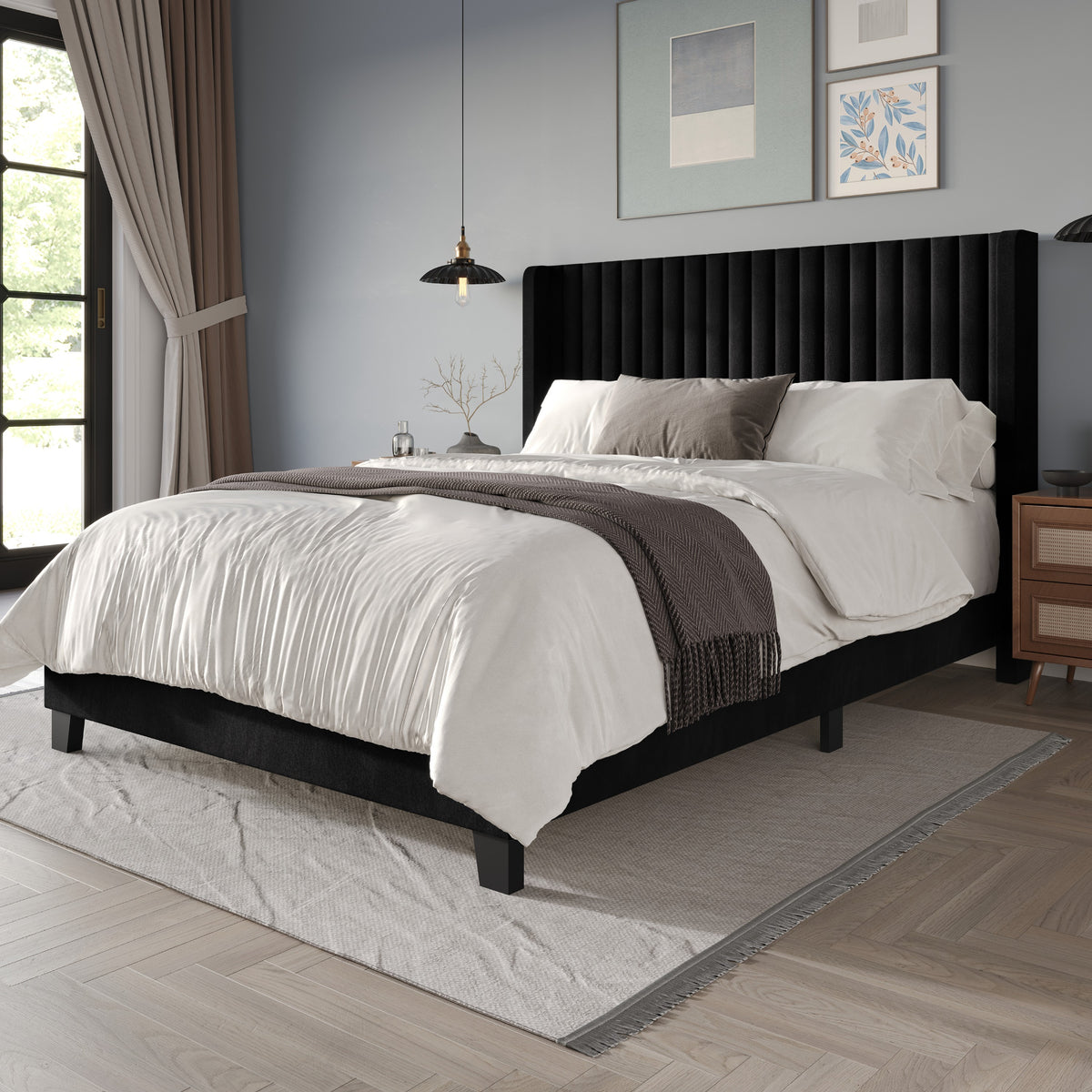 Home Design Ashland Velvet Upholstered Panel Bed Frame with Wingback Headboard for Adult, Easy Assembly