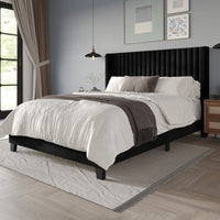 Home Design Ashland Velvet Upholstered Panel Bed Frame with Wingback Headboard for Adult, Easy Assembly