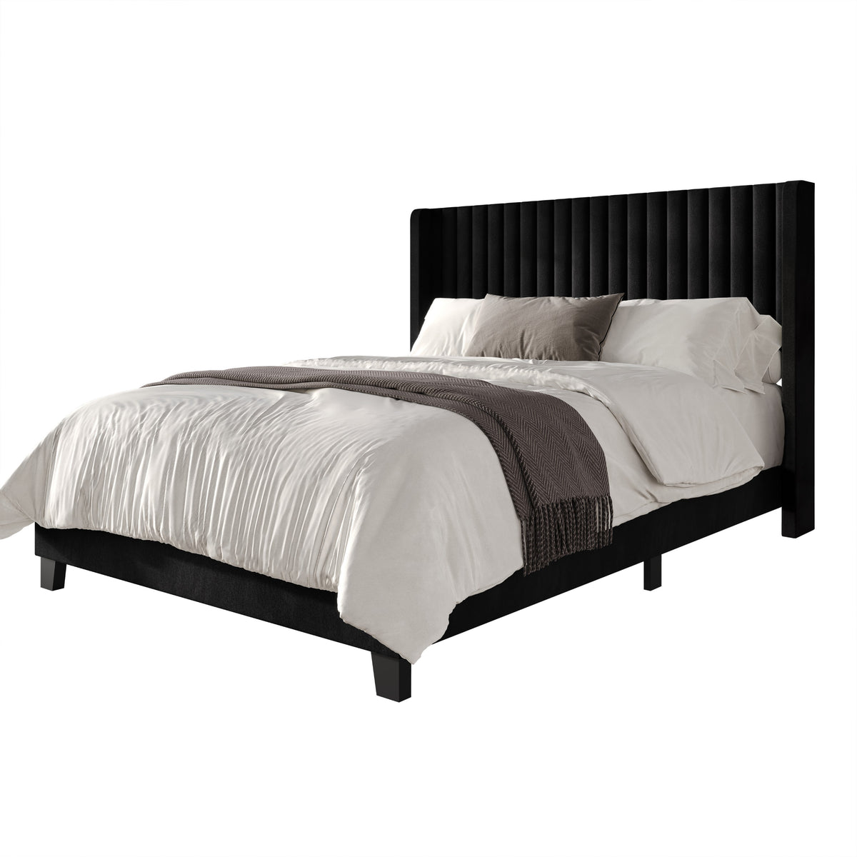 Home Design Ashland Velvet Upholstered Panel Bed Frame with Wingback Headboard for Adult, Easy Assembly