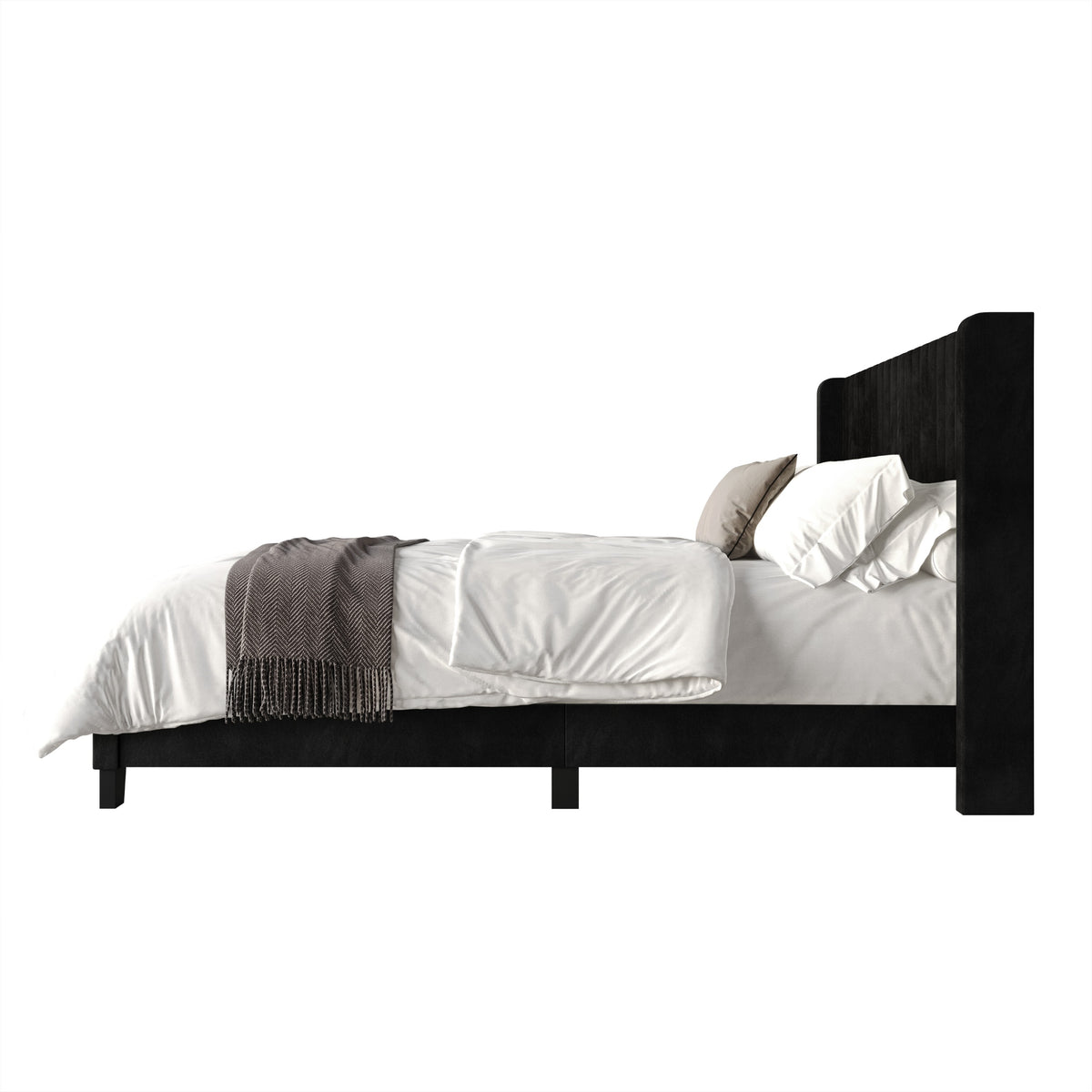 Home Design Ashland Velvet Upholstered Panel Bed Frame with Wingback Headboard for Adult, Easy Assembly