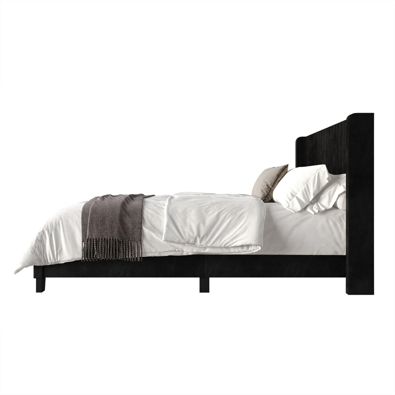 Home Design Ashland Velvet Upholstered Panel Bed Frame with Wingback Headboard for Adult, Easy Assembly