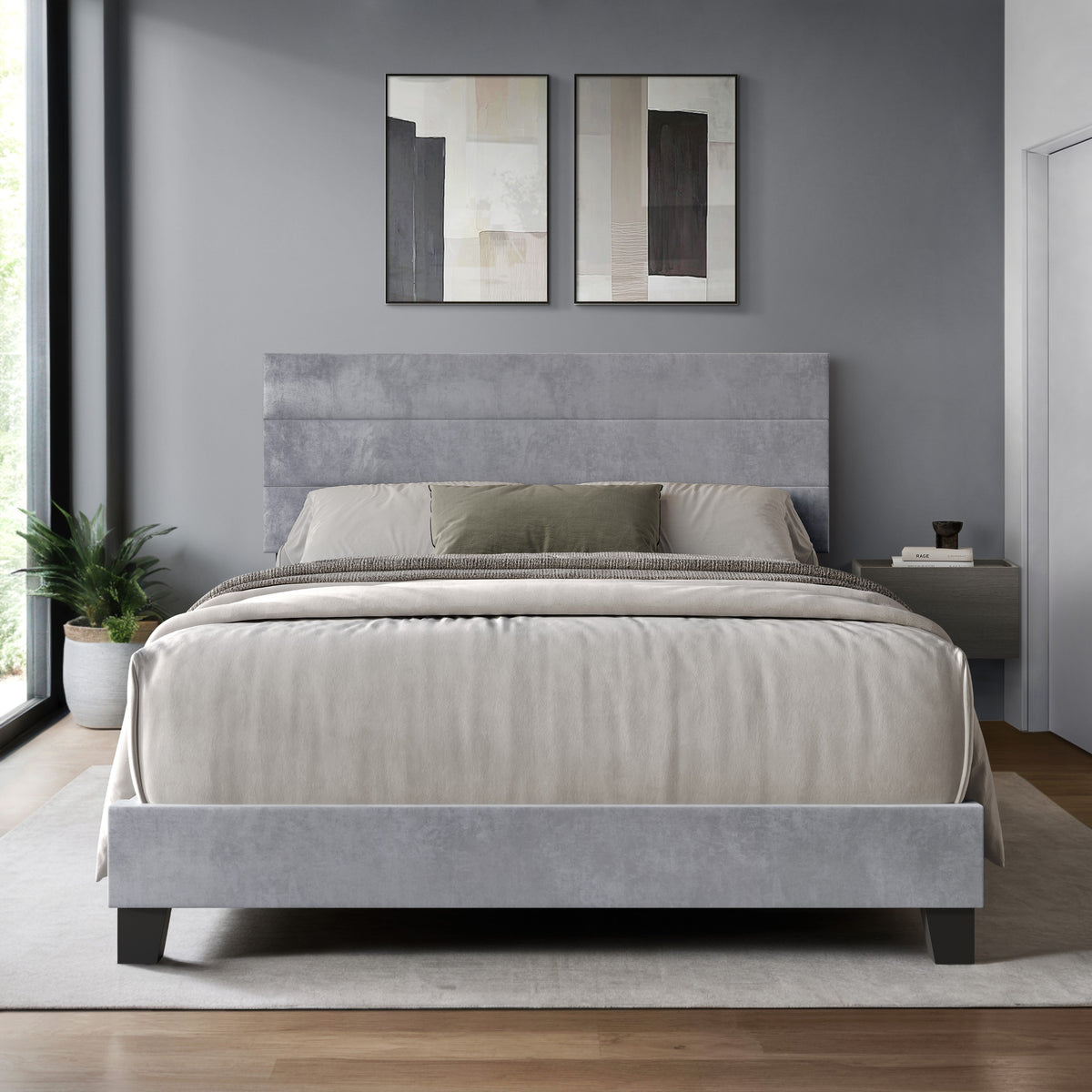 Home Design Vallejo Velvet Upholstered Panel Bed Frame For Adult, Box Spring Required
