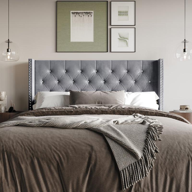 Home Design Gretna Wingback Tufted Upholstered Headboard with Nailhead Trim