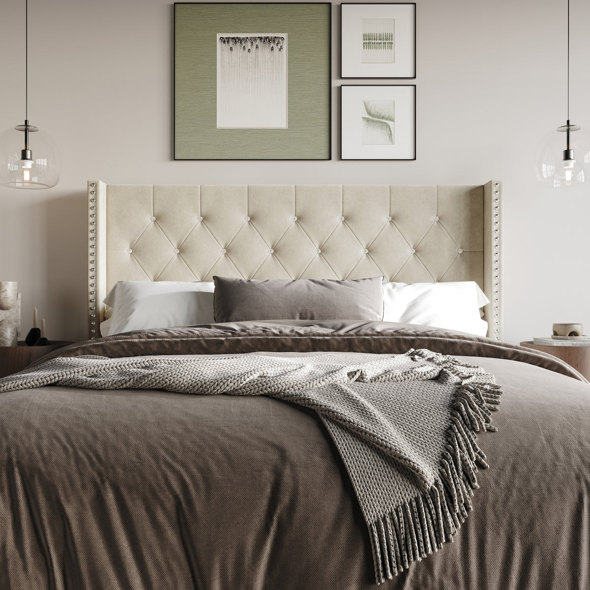 Home Design Gretna Wingback Tufted Upholstered Headboard with Nailhead Trim