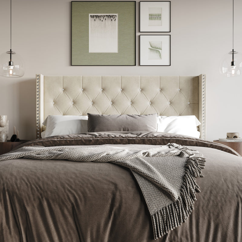 Home Design Gretna Wingback Tufted Upholstered Headboard with Nailhead Trim