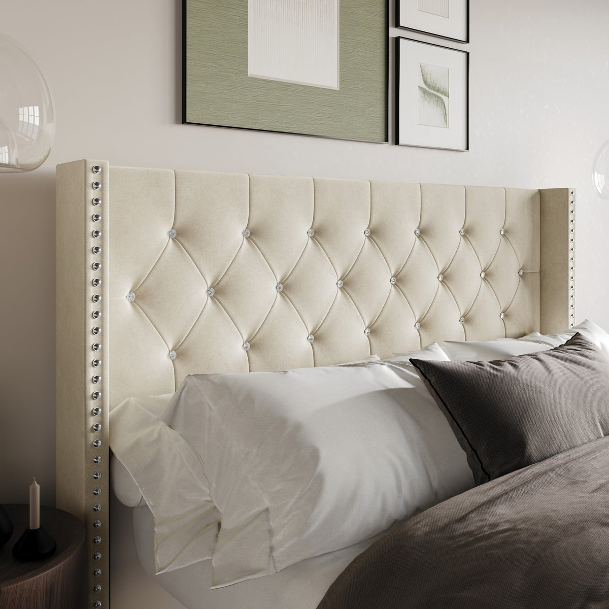 Home Design Gretna Wingback Tufted Upholstered Headboard with Nailhead Trim