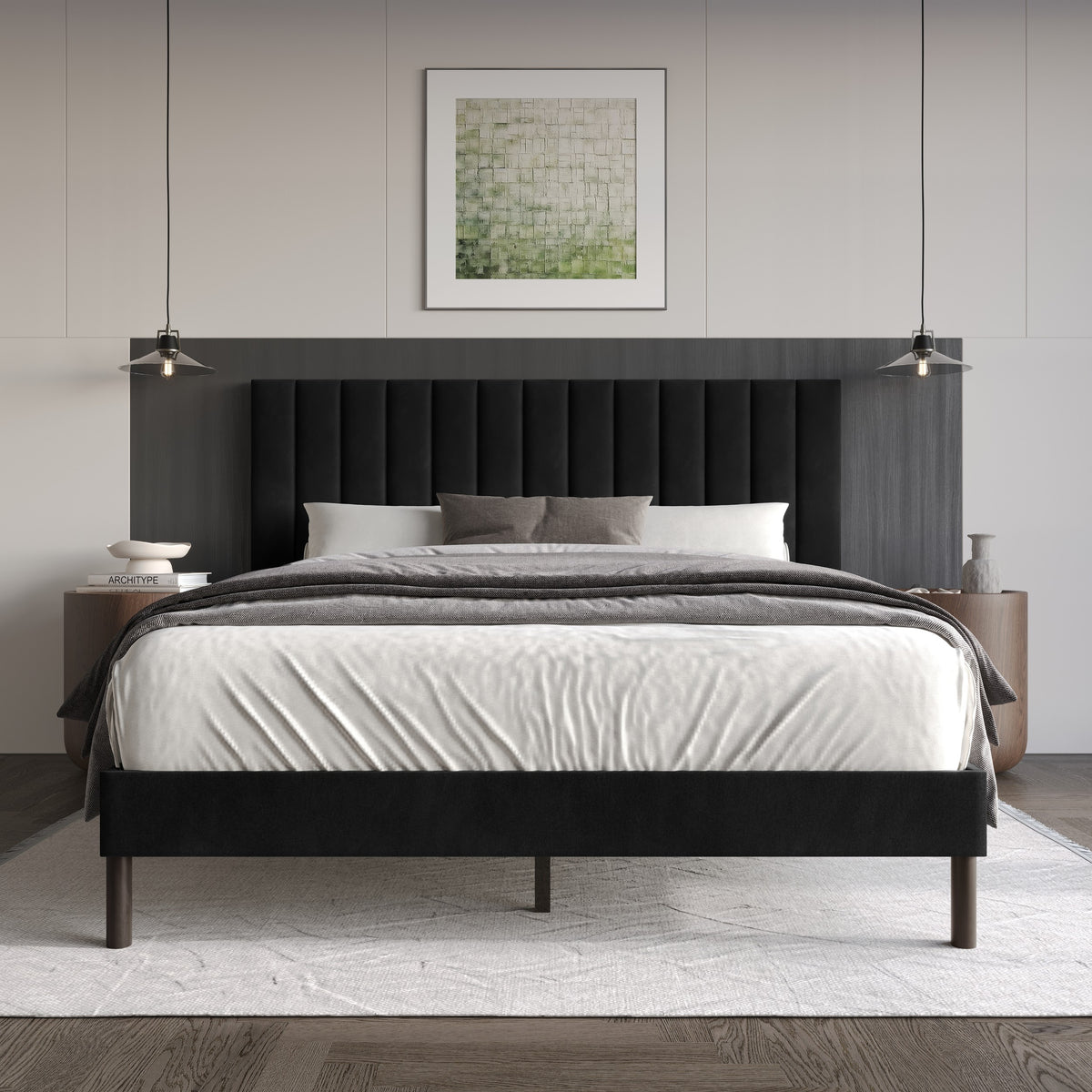 Home Design Sitka Velvet Upholstered Platform Bed Frame
