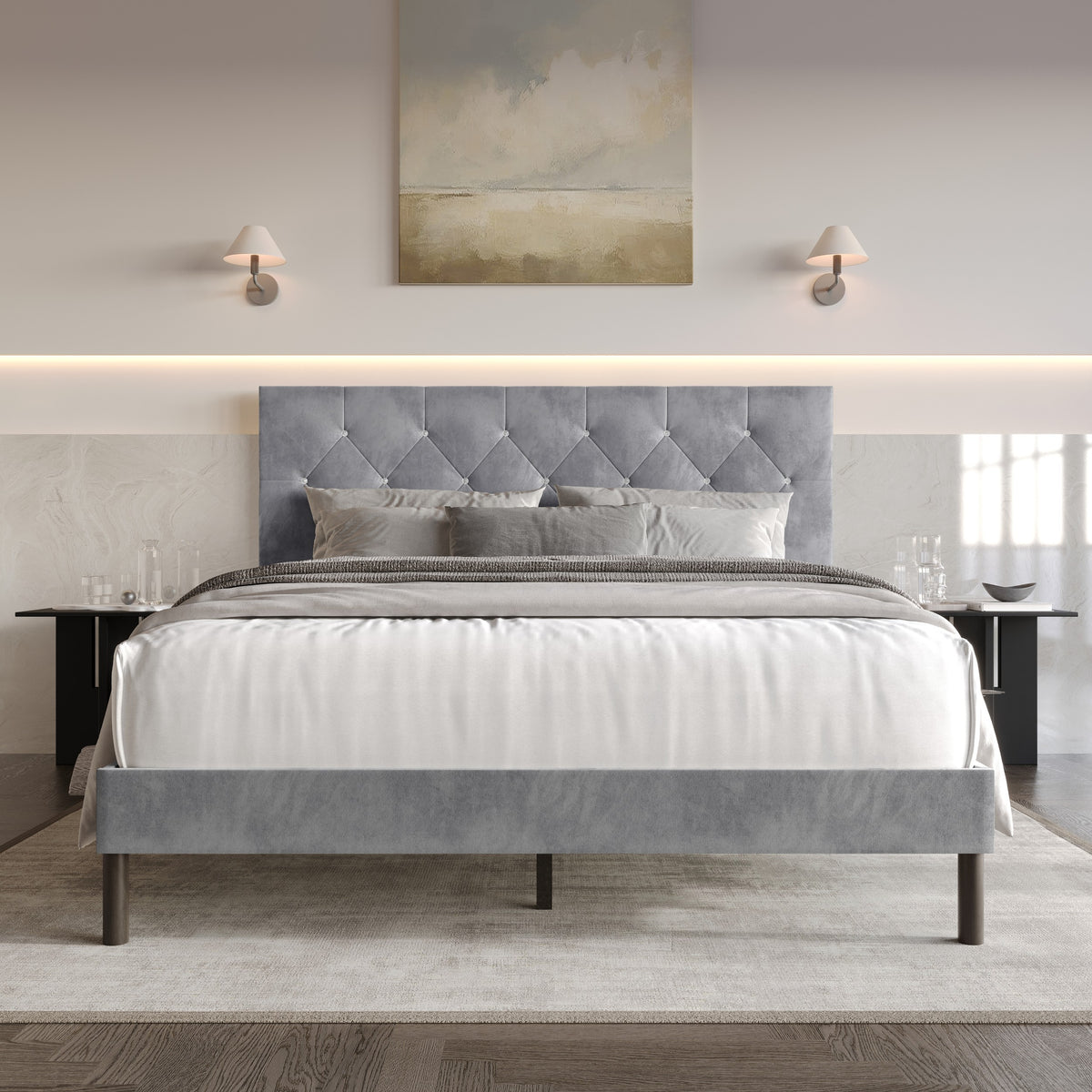 Home Design Groton Tufted Velvet Upholstered Panel Bed Frame