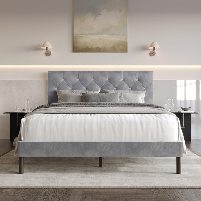 Home Design Groton Tufted Velvet Upholstered Panel Bed Frame