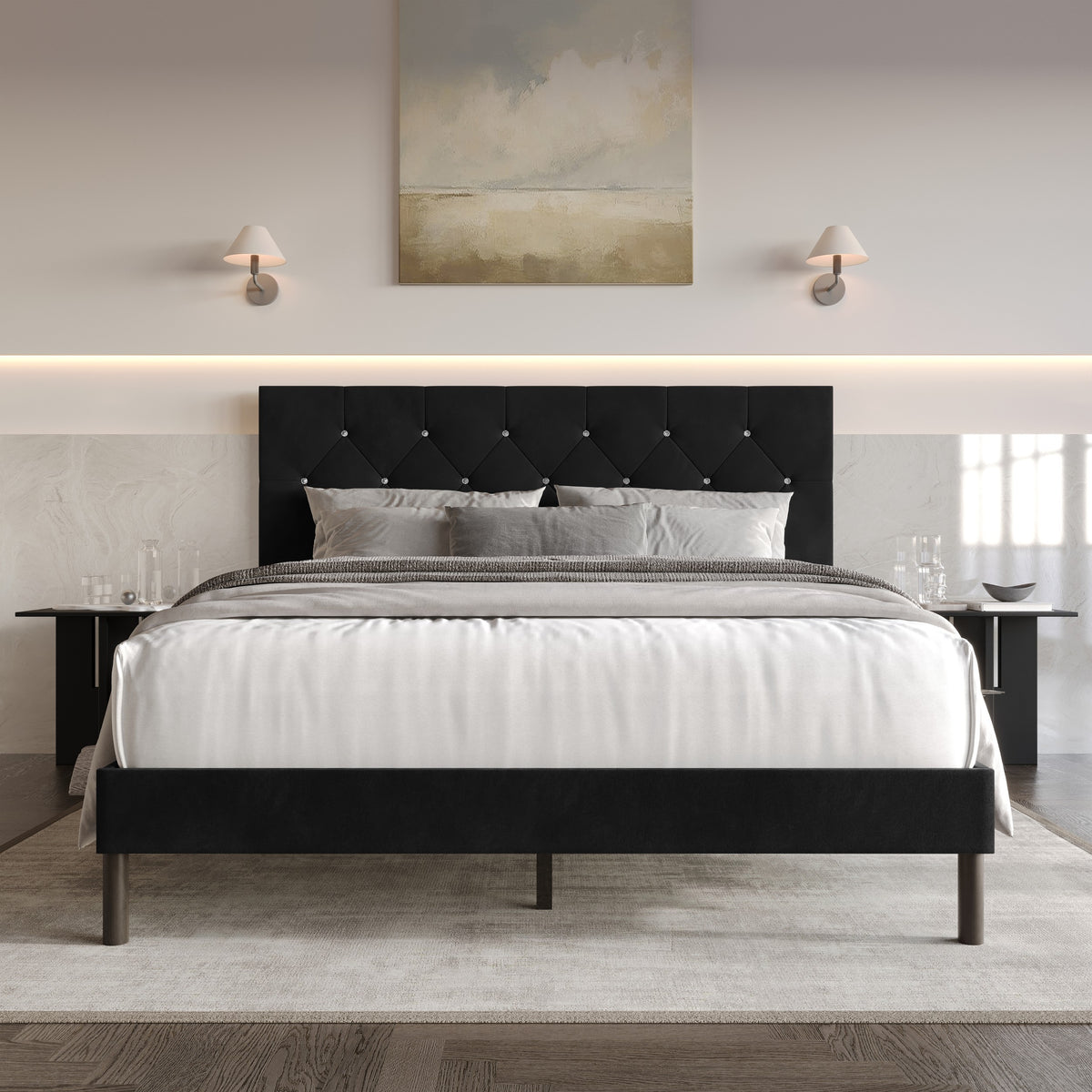 Home Design Groton Tufted Velvet Upholstered Panel Bed Frame