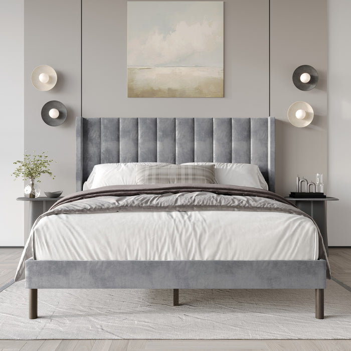 Home Design Herrin Tufted Luxurious Velvet Upholstered Wingback Panel Bed Frame for Adult, Easy Assembly