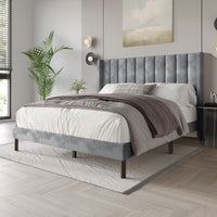 Home Design Herrin Tufted Luxurious Velvet Upholstered Wingback Panel Bed Frame for Adult, Easy Assembly