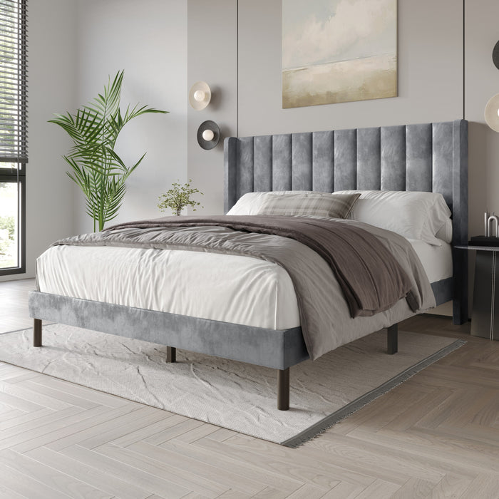 Home Design Herrin Tufted Luxurious Velvet Upholstered Wingback Panel Bed Frame for Adult, Easy Assembly