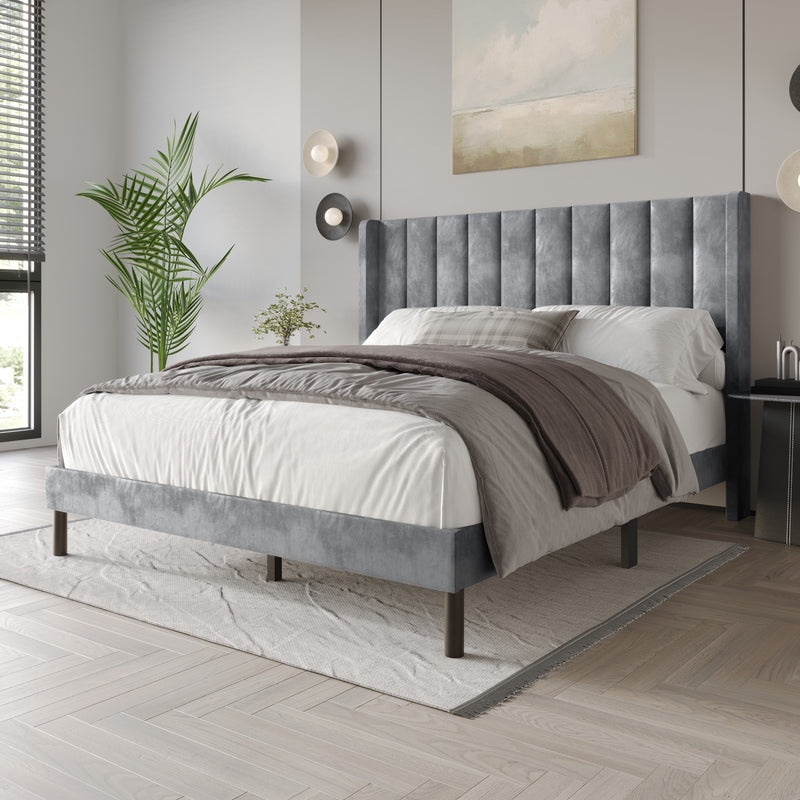 Home Design Herrin Tufted Luxurious Velvet Upholstered Wingback Panel Bed Frame for Adult, Easy Assembly