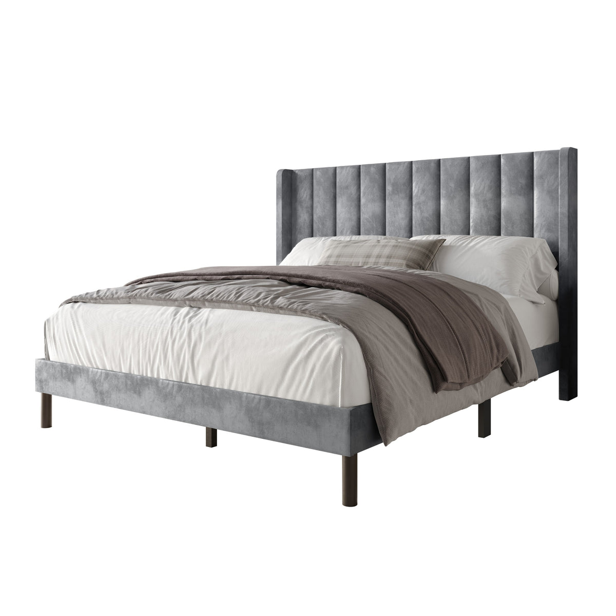 Home Design Herrin Tufted Luxurious Velvet Upholstered Wingback Panel Bed Frame for Adult, Easy Assembly