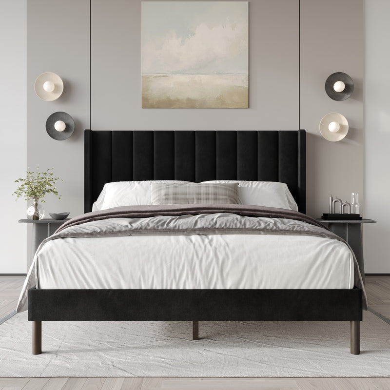 Home Design Herrin Tufted Luxurious Velvet Upholstered Wingback Panel Bed Frame for Adult, Easy Assembly