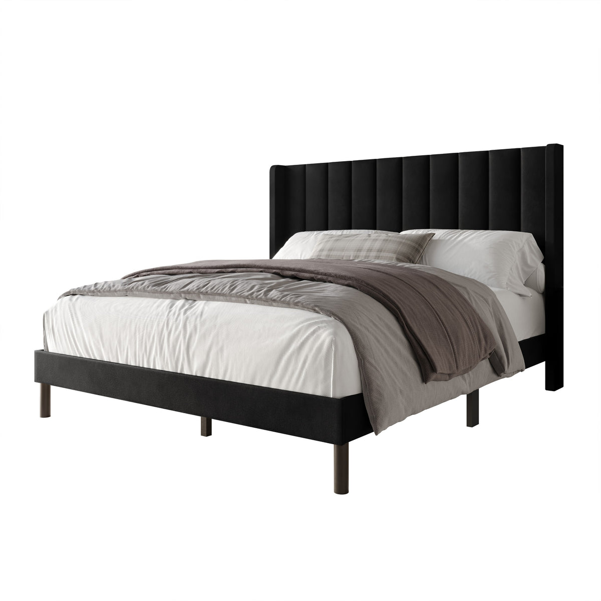 Home Design Herrin Tufted Luxurious Velvet Upholstered Wingback Panel Bed Frame for Adult, Easy Assembly
