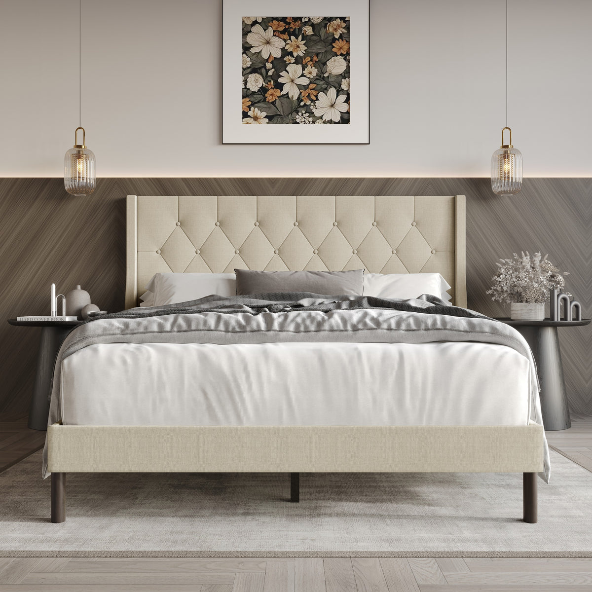 Home Design Oregon Button-Tufted Upholstered Wingback Panel Bed Frame for Adult, Easy Assembly