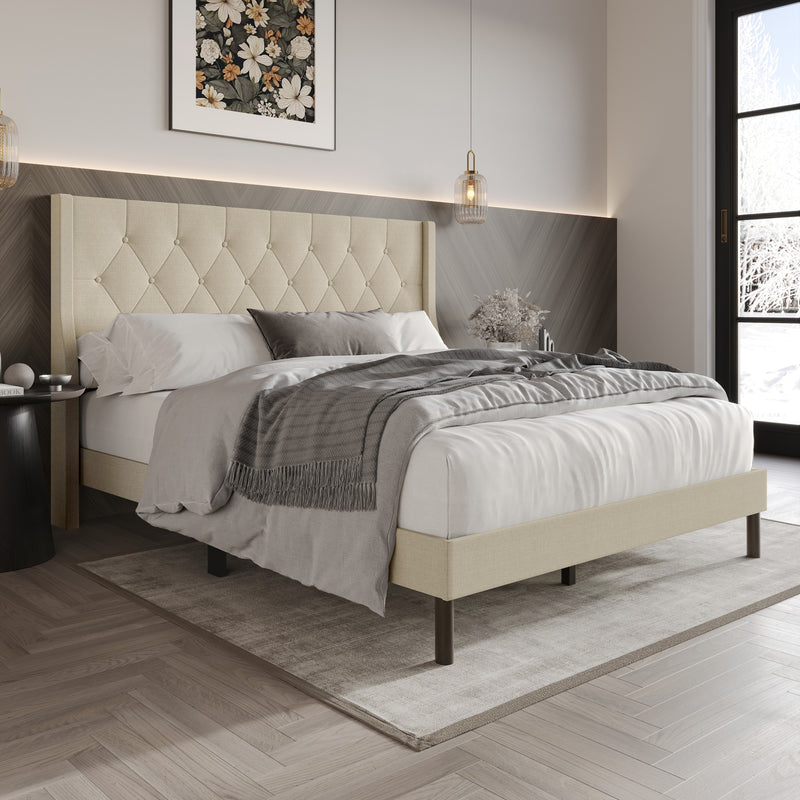 Home Design Oregon Button-Tufted Upholstered Wingback Panel Bed Frame for Adult, Easy Assembly