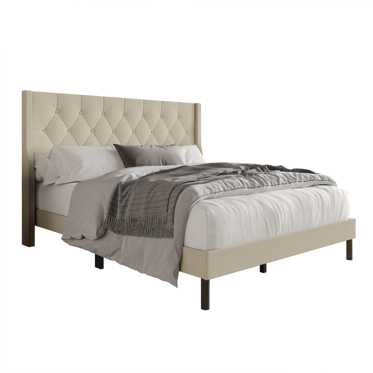 Home Design Oregon Button-Tufted Upholstered Wingback Panel Bed Frame for Adult, Easy Assembly