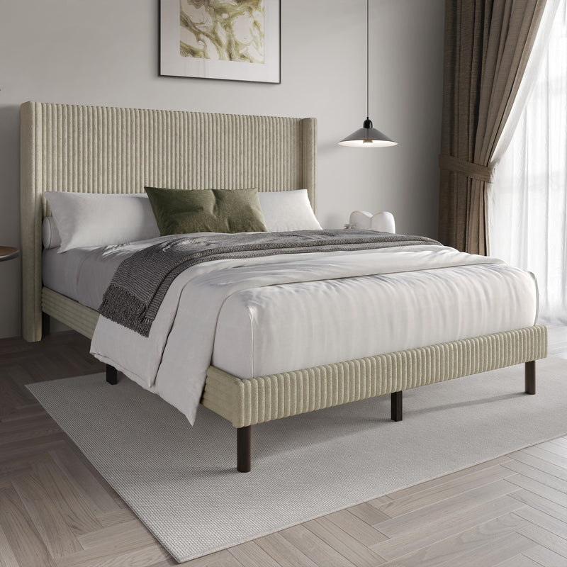 Home Design Duluth Corduroy Velvet Upholstered Platform Bed Frame with Wingback Headboard for Adult, Easy Assembly