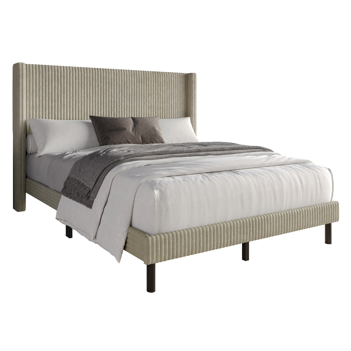Home Design Duluth Corduroy Velvet Upholstered Platform Bed Frame with Wingback Headboard for Adult, Easy Assembly