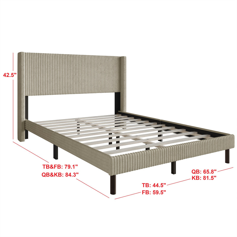 Home Design Duluth Corduroy Velvet Upholstered Platform Bed Frame with Wingback Headboard for Adult, Easy Assembly