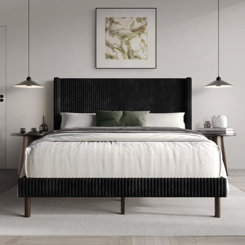 Home Design Duluth Corduroy Velvet Upholstered Platform Bed Frame with Wingback Headboard for Adult, Easy Assembly