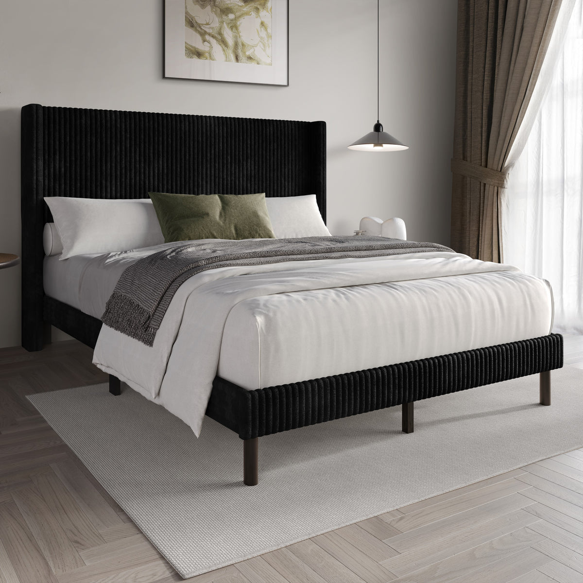 Home Design Duluth Corduroy Velvet Upholstered Platform Bed Frame with Wingback Headboard for Adult, Easy Assembly
