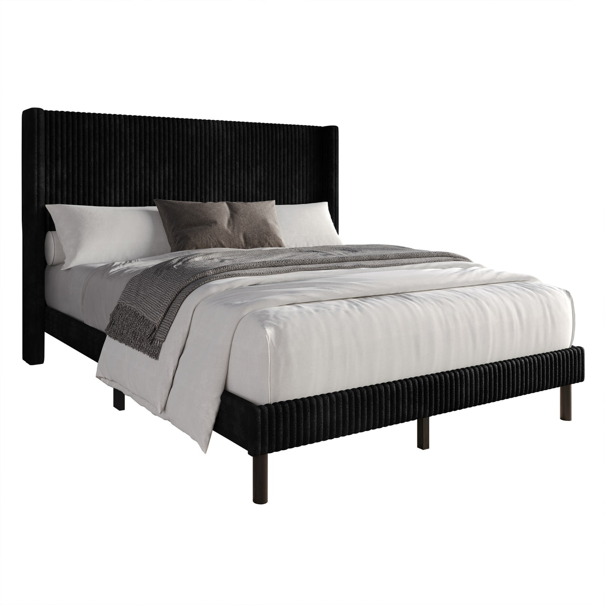 Home Design Duluth Corduroy Velvet Upholstered Platform Bed Frame with Wingback Headboard for Adult, Easy Assembly
