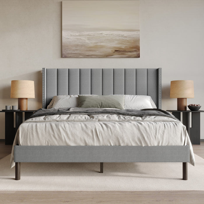 Home Design Odessa Linen Upholstered Wingback Panel Bed Frame for Adult, Easy Assembly
