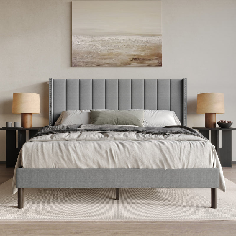 Home Design Odessa Linen Upholstered Wingback Panel Bed Frame for Adult, Easy Assembly