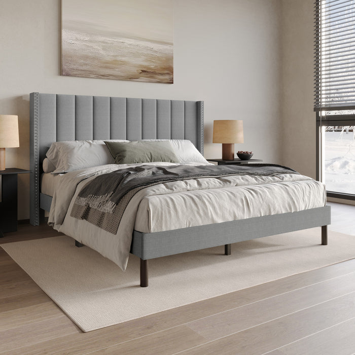 Home Design Odessa Linen Upholstered Wingback Panel Bed Frame for Adult, Easy Assembly