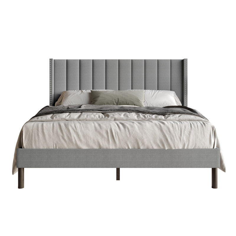 Home Design Odessa Linen Upholstered Wingback Panel Bed Frame for Adult, Easy Assembly